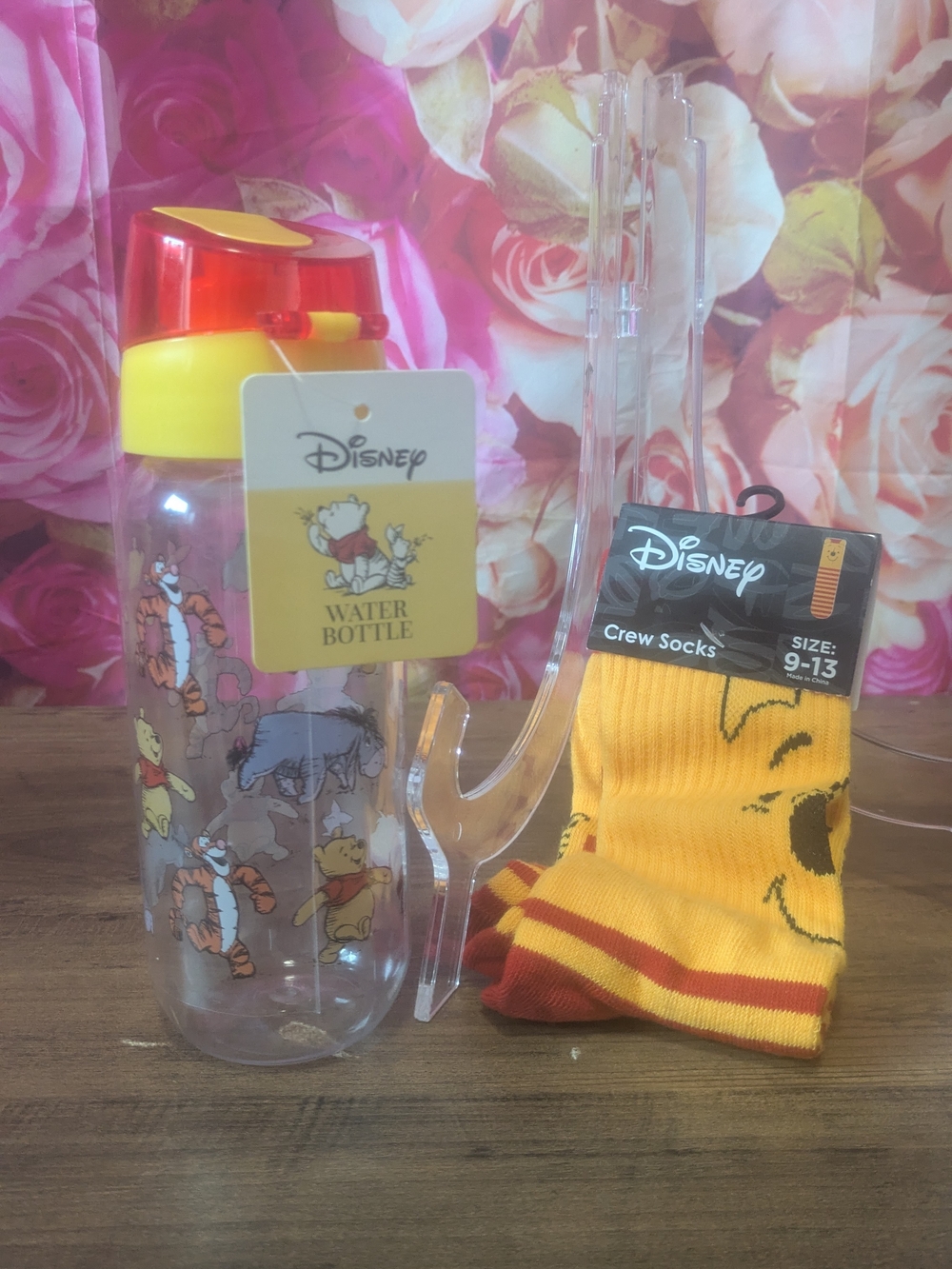 Disney Kids Winnie the Pooh Yellow Water Bottle & Crew Socks Set